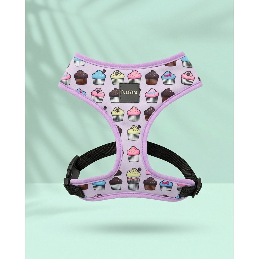 FuzzYard Dog Harness Large Cupcake Print Purple Trim Adjustable Soft Halter